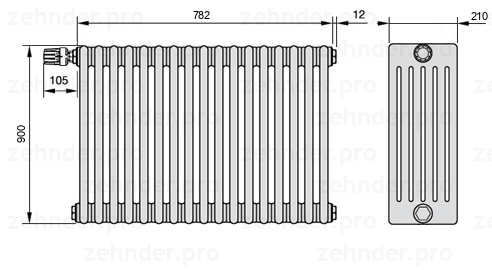 Схема (чертеж) Радиатор Zehnder Charleston 6090/17 №V012 Белый глянцевый RAL 9016